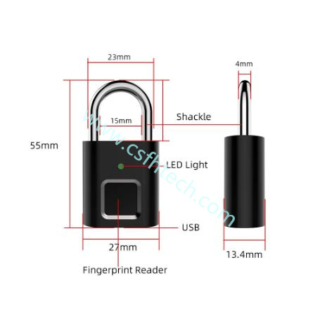 Csfhtech  Smart Fingerprint Lock Portable Anti-Theft Security Door Padlock For Bag, Drawer, Suitcase - Black